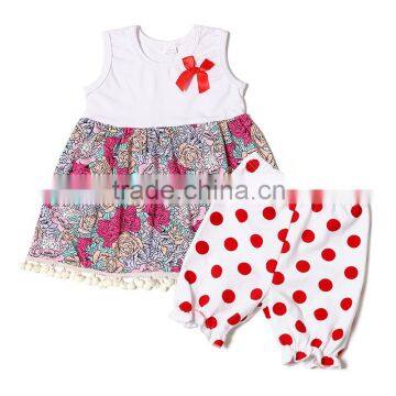 newest fashion casual suit for baby girls white flower shirt with small bowknot and red spot pant baby girl summer beautiful set