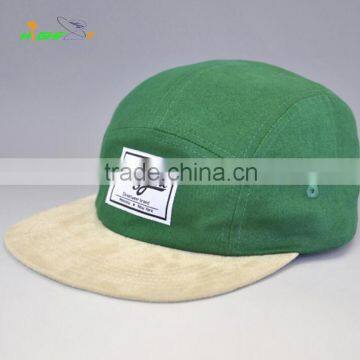 custom woven label logo green cotton twill 5 panel camper cap with suede flat brim hat