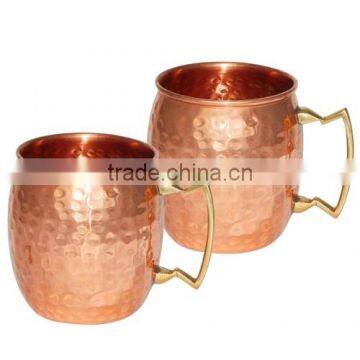 (Set Of 2) BPA FREE HAMMERED BARREL SHAPED MOSCOW MULE PURE COPPER MUG WITH BRASS HANDLE