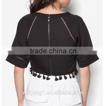 Raglan Sleeve Crop Top With Tassel Hem Women Short Sleeves Shirt