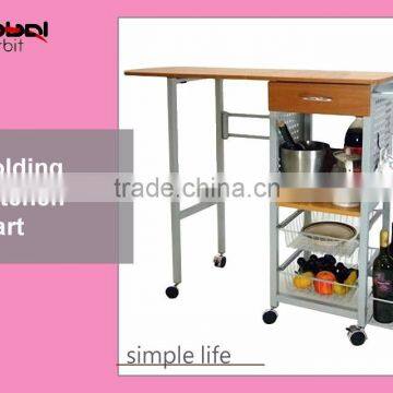 Kitchen Furniture Rolling Cart Folded Wine Storage Food Serving Trolley With Drawer