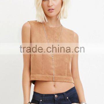 SEXY WOMENS TAN CAMEL FAUX SUEDE CROP TOP BLOUSE