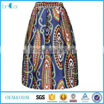 Women's African Print High Waist A-Line Pleated Midi dashiki Skirt