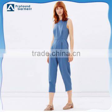 Hot Sale Regular Fit Crepe Pleated High-Neck Blue Formal Jumpsuit