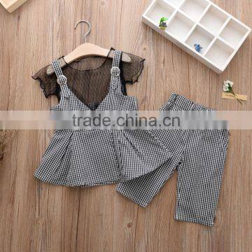 2017 Fashion girls small checked three-piece set clothing summer matching clothing sets