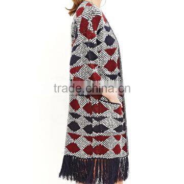 Drop Shoulder 3/4 Sleeves Geo-patterned Knitted Long Cardigan 2015 Women With Tasseled Hem photo-2