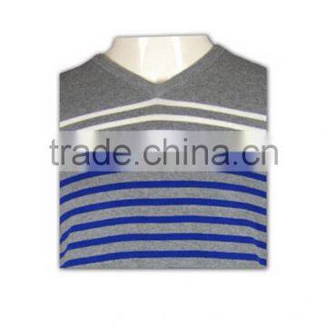 ISO9001/BSCI Manufature Blue V-neck Striped Design Wool Sweater