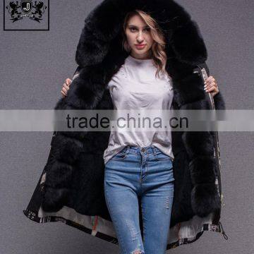 Wholesale italy fur parka jacket big fox fur trimming ladies hooded fur outdoor parka with rabbit fur liner