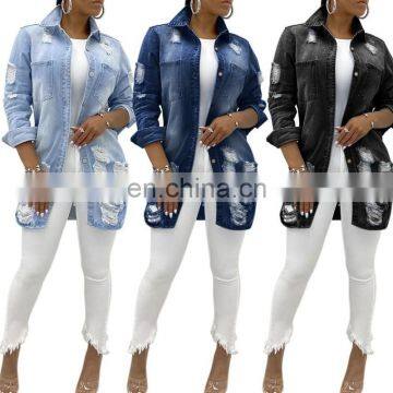 Hot sale 3colors sexy fashion ripped hole jeans denim jacket for women plus size coats fall clothing for women