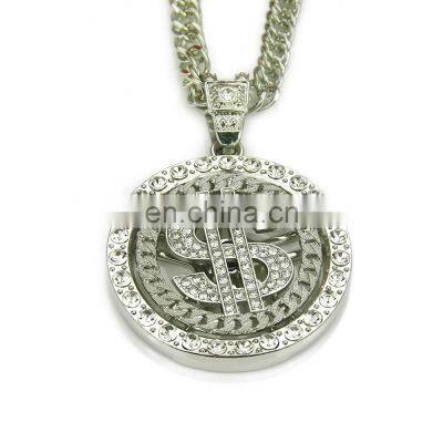 Hip Hop Men Gold Silver Color Necklace Ice Out Crystal Miami Rotatable Dollar Sign Rock Pendant Bling Rapper Jewelry For Men photo-2