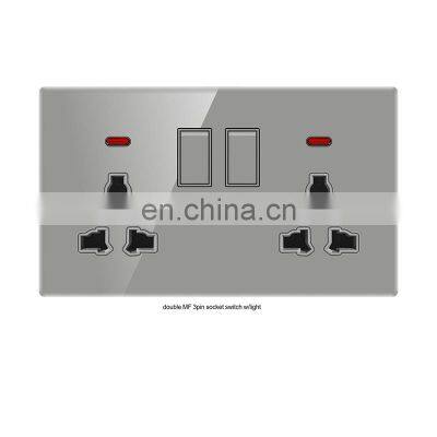 Double MF 3-pin socket switch with light grey glass panel electrical wall socket switch panel