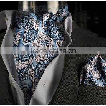 Blue White Flowered Cravat, Brown scarf, with Pocket Square