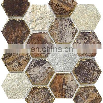 8mm thickness hotel project mixed material glass hexagonal mosaic tile