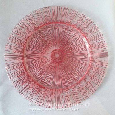 Wholesale Clear Palm Leaf Dinner Charger Plate Wedding Decoration With Pink Colored Lines