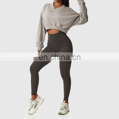 Oversized V Neck Yoga Fitness Sweatshirt Woman Custom Long Sleeves Sport Tank Tops photo-3