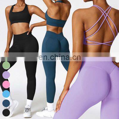 Fashion High Quality Quick Dry 2 Piece Sets Custom Workout Clothing Gym Fitness Sets Women Sport Bra Leggings Seamless Yoga Set photo-3