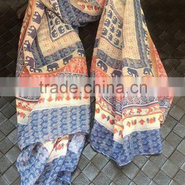 2016 Newest Vintage Blue Small Elephant Printed Women Cotton Scarf With Tassels
