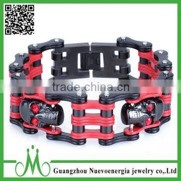 New Style Engraved CZ Skull Head Stainless Steel Motorcycle Bike Chain Bracelet Black Red Mens Wide Bracelet