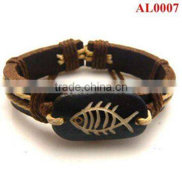 DIY Craved fish pattern xo bone connecting genuine leather bracelet AL0007