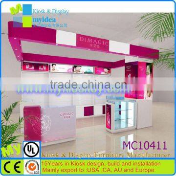 2015 Fascinating design acrylic cosmetic kiosk for shooping mall with showcase