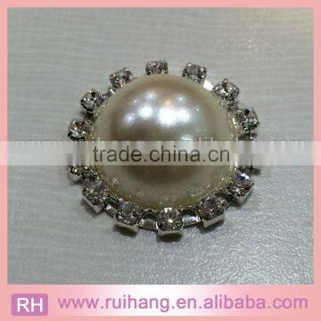 HOT SALE Handmade silver round pearl and rhinestone buckle button for ribbon wedding