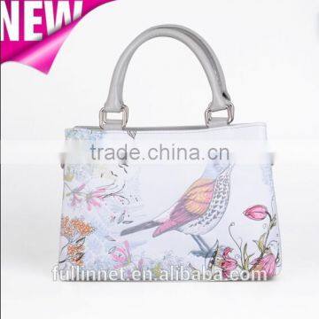 Guangzhou New Design Lady PU Handbag and tote handbag /Tourist Souvenir PU leather Flower and Bird Printed lady bag