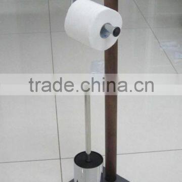 Free standing wood stem metal toilet tissue holders and toilet brush