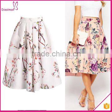 A line pleated floral print high waist fully midi skirt