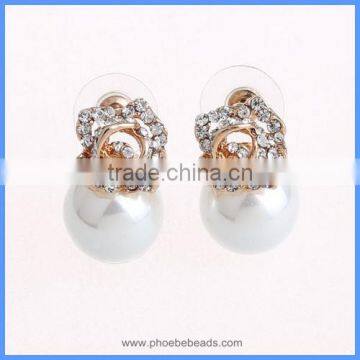 Wholesale Bridal Wedding Jewelry Crystal Rhinestone Pave Metal Rose Flower Imitation Pearl Stud Earrings CTBE14-RF01