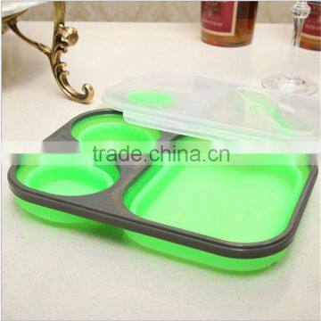 3 compartments collapsible Eco-friendly 100% food grade silicone folding lunch box, Microwave Green silicone folding lunch box