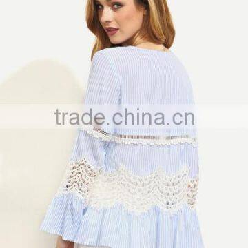 Blouses Latest Fashion Design Women Clothing Blue Striped Hollow Insert Bell Sleeve Blouse photo-4