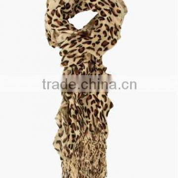 Chic Ruffled Tan Leopard Print Fringe Scarf