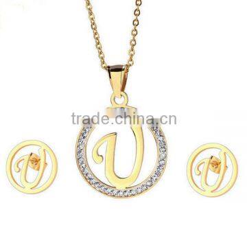 High quality 26 letters fashion jewelry sets gold plated stainless steel necklace and earring set for girls LS6254