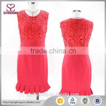 Fashion red party dress lace knitted fabrics patchwork flouncing hem dress