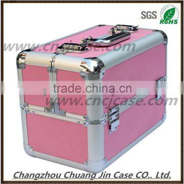 Pink beauty double-open with trays aluminum makeup case empty