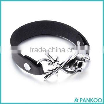 Wholesale Leather Link Titanium Silver 316l Stainless Steel Skull Charm Men Viking Bracelet photo-2