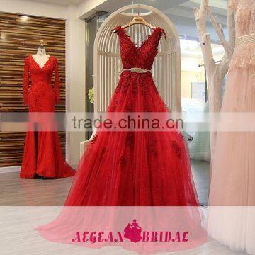 AR-36 Latest Dress Designs Elegant Girl Dress 2016 V-Neck Appliques Sequined Sash Lace Prom Dress