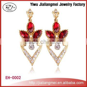 2015 Women Fashion Gold Ear Jewelry Red Crystal Statement Drop Earrings