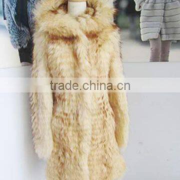 luxury fashion raccoon fur coat/raccoon fur long coat with hood