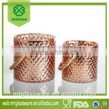 2-tier rose gold short staight cylindrical glass hurricane with hemp rope decal