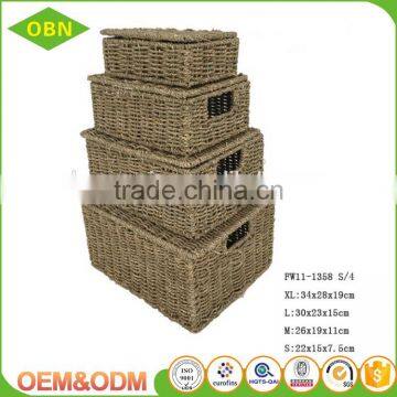 Set 4 Rectangular Straw Basket Seagrass Storage Basket With Lid photo-3