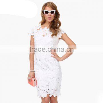 New Women Party Slim Vintage Evening Dress Formal White Short Sleeve Floral Crochet Lady Clothing Sexy Bodycon Bandage Dress