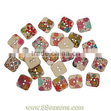 Wood Painting Sewing Buttons Scrapbooking Square 2 Holes Mixed Flower Pattern 15mm x 15mm,200PCs,Bulk