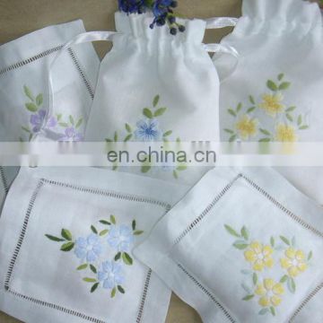 embroidery pure linen bag with hemstitch and drawstring ribbon