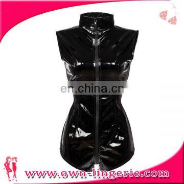 Wholesale Ladies Black Sexy PVC Leather Catsuit Costume Short Leather Playsuit