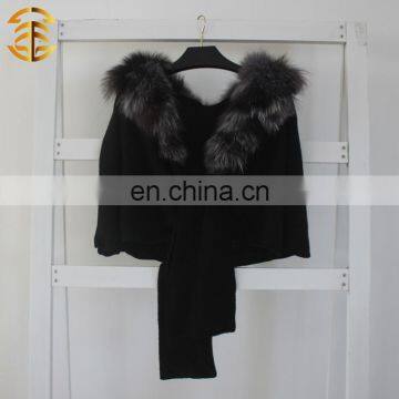 2015 Fashion Top Quality Women Genuine Silver Fox Fur Collar Wool Knitted Black Fur Shawl