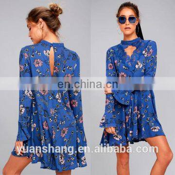 New Design Ladies Royal Blue Floral Print Lace Long Sleeve Swing Dress