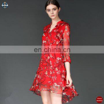 T-D004 Flower Chiffon Stand Collar Big Size Ladies Summer Dress