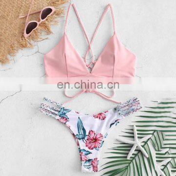 Two-piece suits orange swimwear print swimsuit straps swimwear women girls bather two piece suits for women