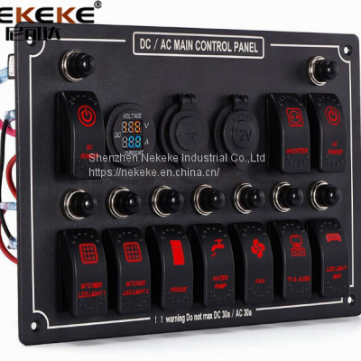 Waterproof LED Rocker 6 gang DC/AC Switch Panel with dual port USB socket power socket Car Marine Boat